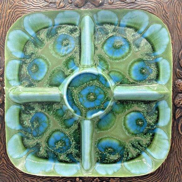 Vintage Treasure Craft Serving Tray Divided Platter MCM Green/Turquoise 13.5” - Picture 3 of 12